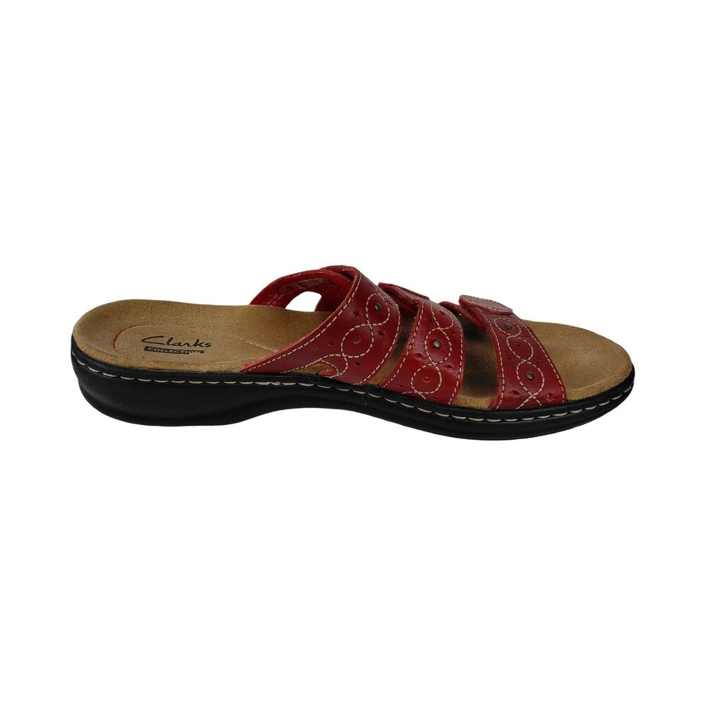 Clarks Red Leather Wedge Sandals Slip On Strappy Cutout Womens Size 9N - Picture 6 of 9